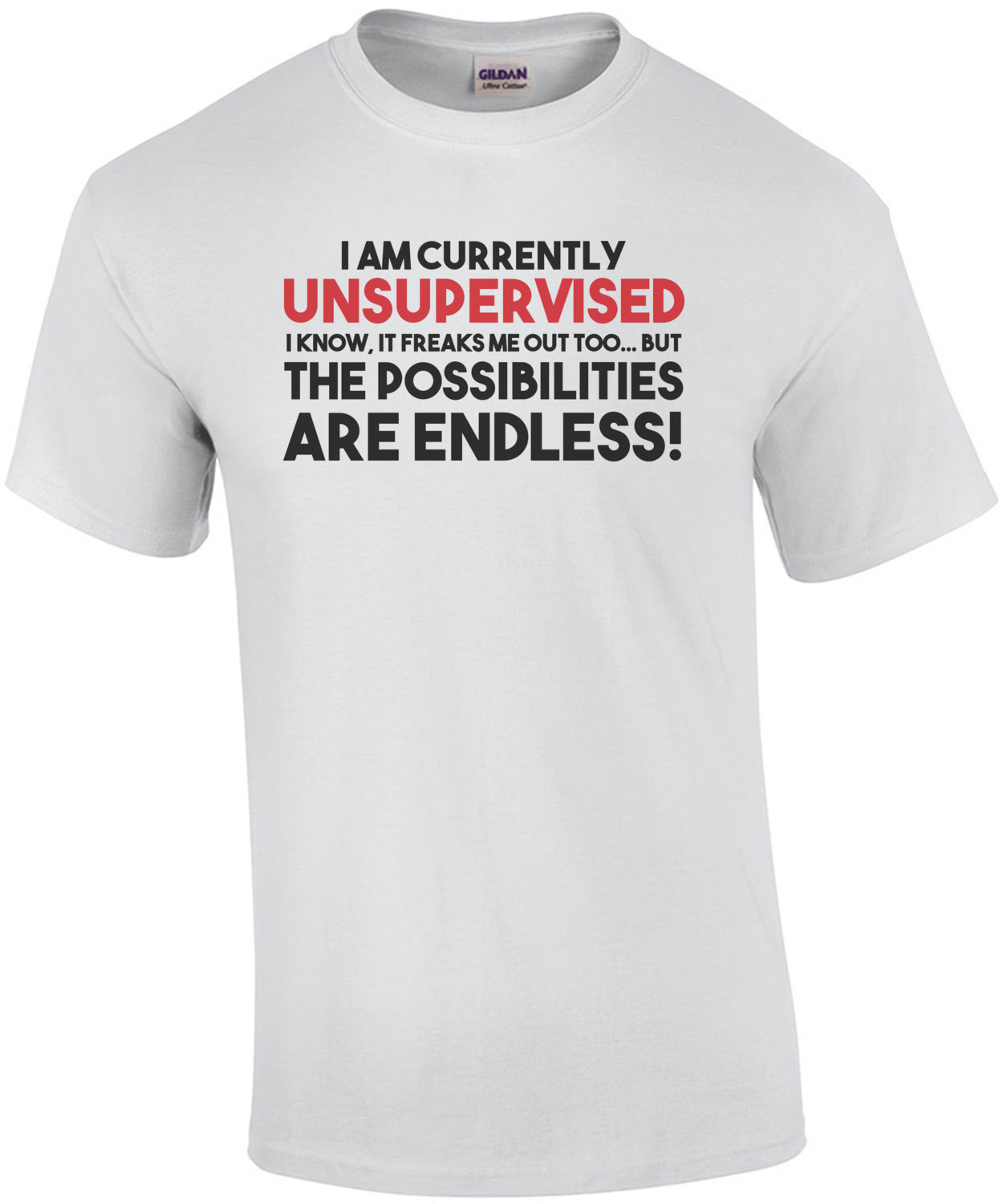 I AM CURRENTLY UNSUPERVISED. I KNOW, IT FREAKS ME OUT TOO. BUT THE POSSIBILITIES ARE ENDLESS! Shirt