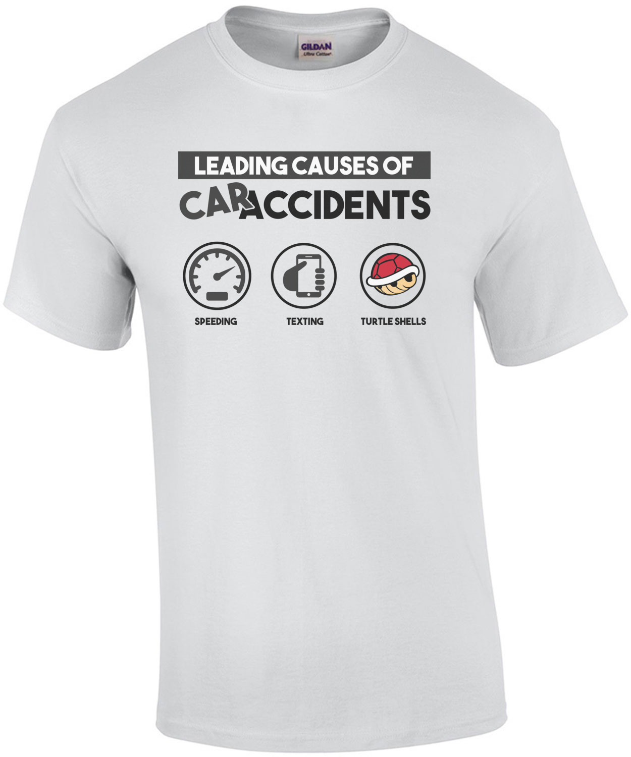 Leading causes of car accidents - speeding texting turtle shells - funny Super Mario Kart t-shirt