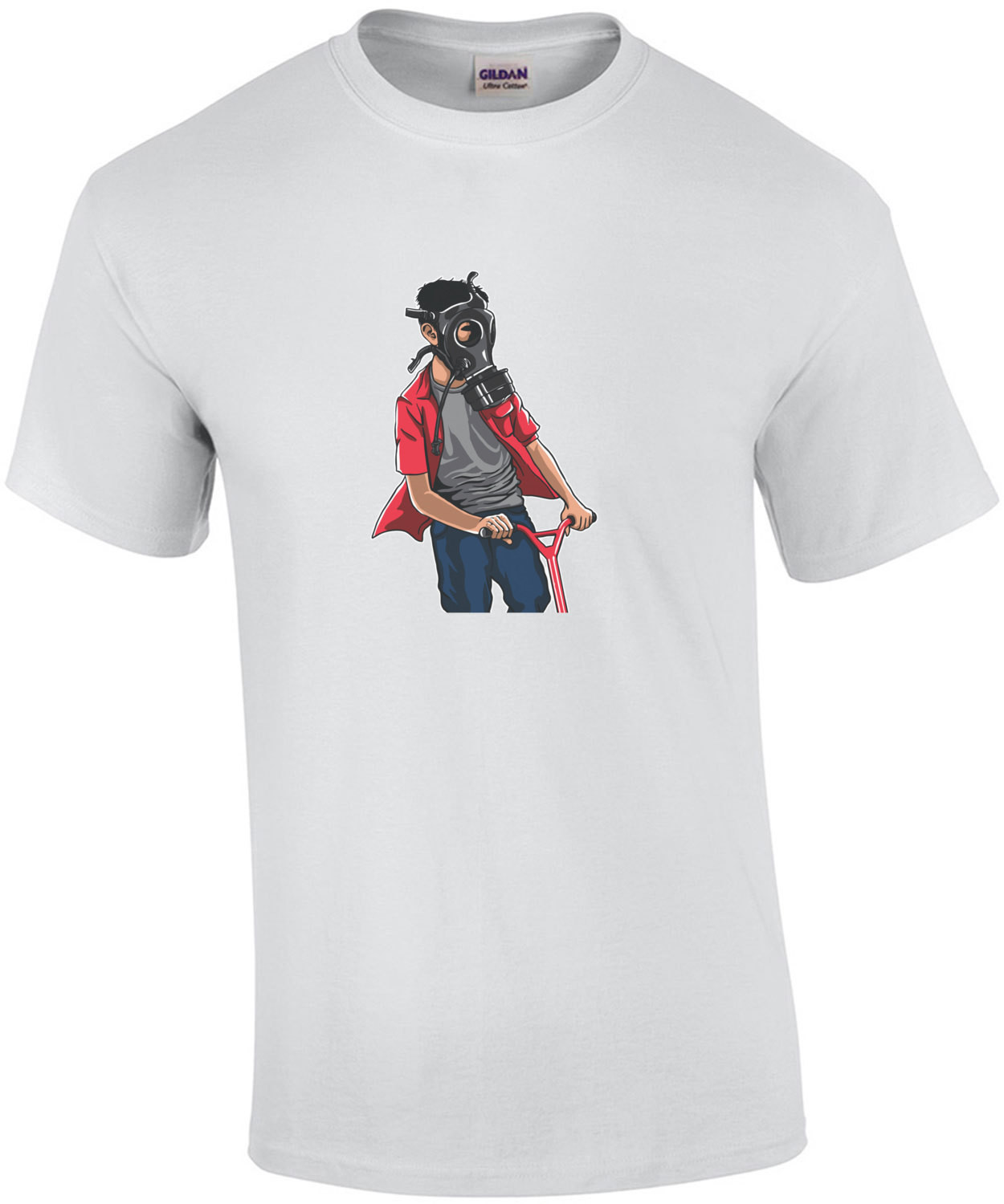Scooter Kid Wearing Gas Mask Creepy Apocalytpic T-Shirt