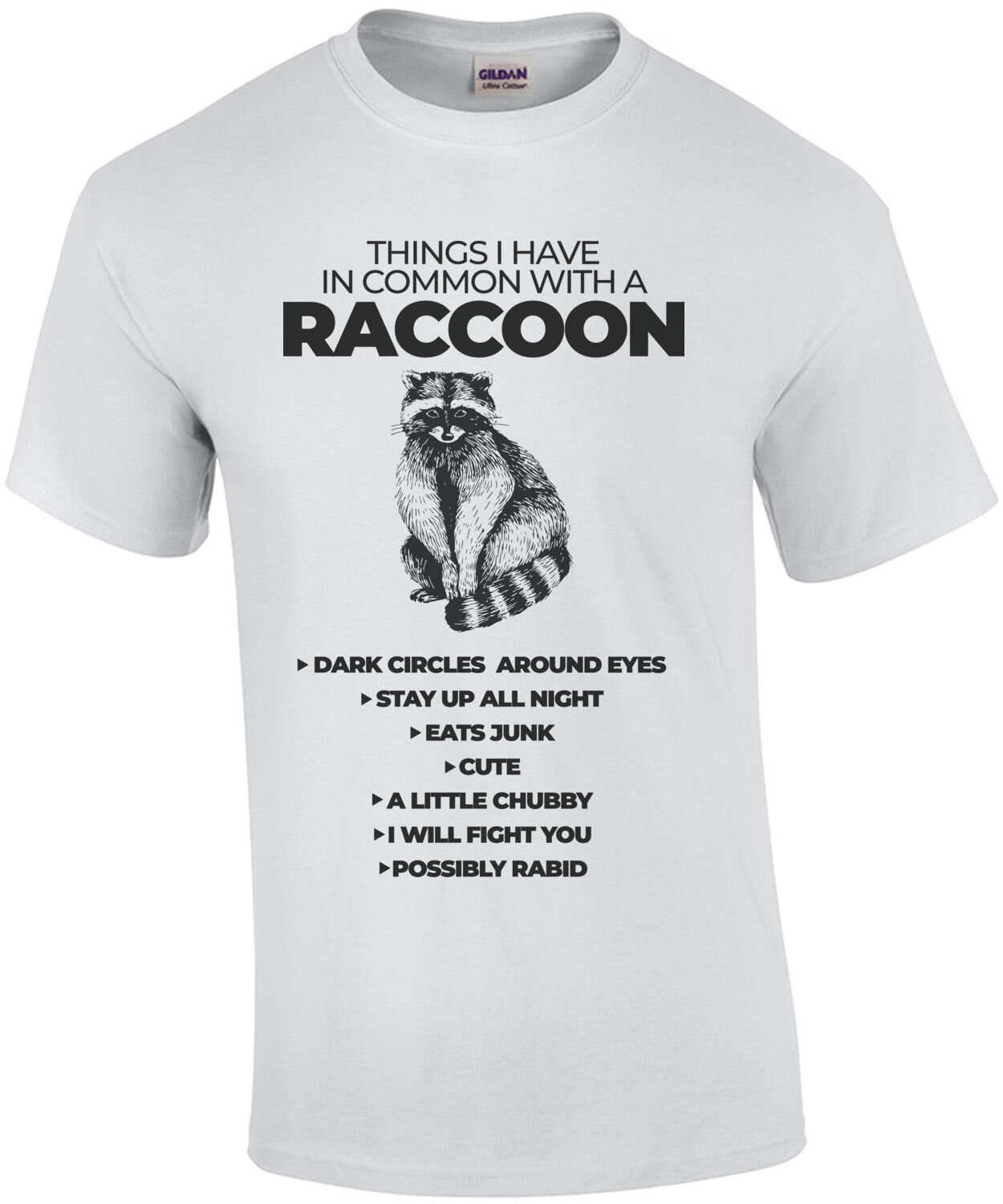 Things I have common with a raccoon - Dark circles around eyes - Stays up all night - funny ladies t-shirt