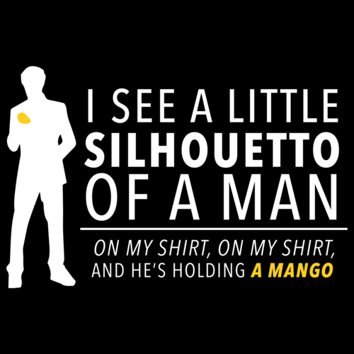 I see a little silhoutto of a man on my shirt on my shirt and hes holding  a mango - funny queen Bohemian Rhapsody t-shirt